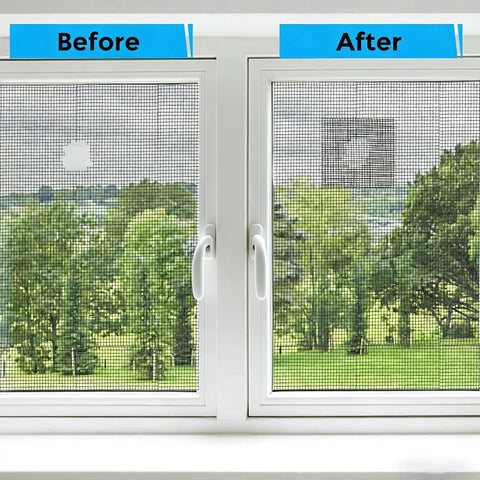 Comparison of window screens before and after using Self Adhesive Screen Repair Tape Two Roll Kit 5 Cm By 2 M Each Mesh Patch for repairs.