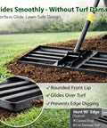 Heavy Duty Lawn Leveling Rake With 30 By 10 Inch Plate Anti Flip Edge Adjustable Five Foot Handle in use on grass