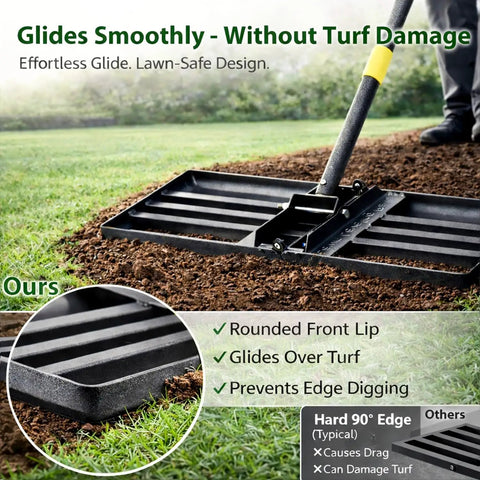 Heavy Duty Lawn Leveling Rake With 30 By 10 Inch Plate Anti Flip Edge Adjustable Five Foot Handle in use on grass