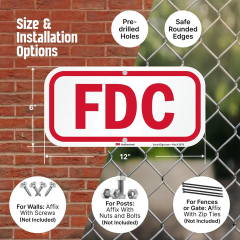Heavy Duty 6X12 Inch Fire Department Connection FDC Sign With 3M Engineer Grade Reflective Film installed on brick with pre-drilled holes.