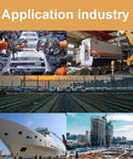 Collage showcasing industrial applications: automotive robotics, machinery handling, trains, shipbuilding, and urban construction.