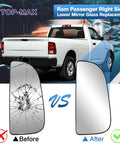 Ram Passenger Right Side Lower Mirror Glass Replacement For 2010-2020 Dodge Ram showing before and after installation
