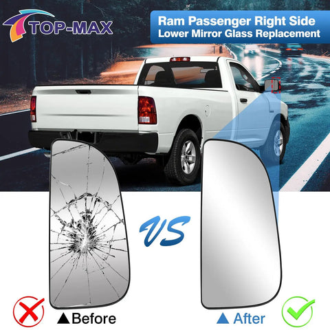 Ram Passenger Right Side Lower Mirror Glass Replacement For 2010-2020 Dodge Ram showing before and after installation