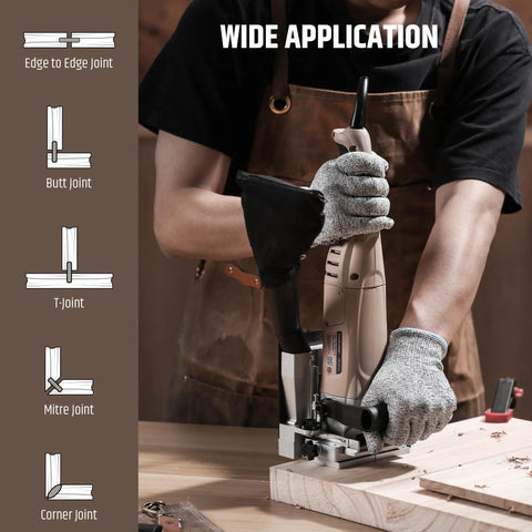 Smooth Operator 8.5 Amp Biscuit Joiner With Knockout 12000 RPM Power Head and Grip Tight Depth Locks in use on wood for precise joints.