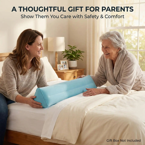 Secure Non Shift Inflatable Bed Rail For Seniors with two people placing blue rail on bed