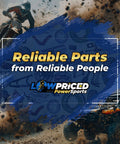 Off-road vehicles racing with text 'Reliable Parts from Reliable People' and 'Low Priced PowerSports' logo in foreground.