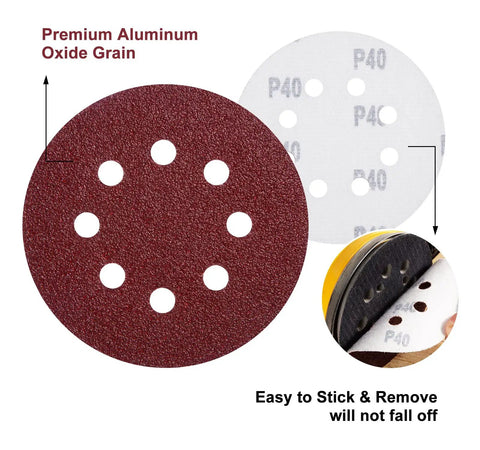 150 Piece 5 Inch 8 Hole Sanding Discs For Woodworking Aluminum Oxide Sandpaper With Hook And Loop Adhesive 40 Grit detail