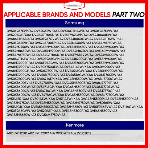 Serif font text listing Samsung and Kenmore dryer model numbers compatible with Induction Dryer Motor Replacement For Kenmore And Samsung Drop In DC31-00055G Compatible With DC31-00055H DC31-00055D PS4204647 AP5331095 DFS270ZSEL1 120V 1630RPM 10x5x5in Durable Plug In