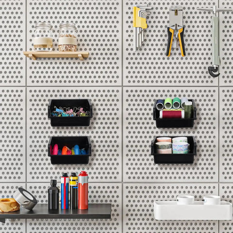 16 Pack Black Pegboard Bins With Metal Hooks Heavy Duty Plastic Storage Organizer for Garage Workshop and Craft Room