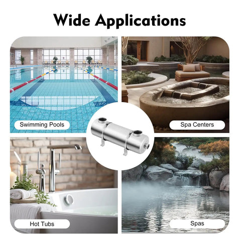 200KBTU Pool Heat Exchanger With 304 Stainless Steel Shell And Tubes, Same Side Ports 1 Inch And One Half Inch Fpt, 4.8 Sq Ft Heat Transfer Area For Swimming Pools, Spas, Hot Tubs, And Solar Heating