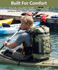 Person kayaking with 40L Waterproof Backpack Dry Bag For Hiking And Travel, on their back, showcasing its durability and utility.