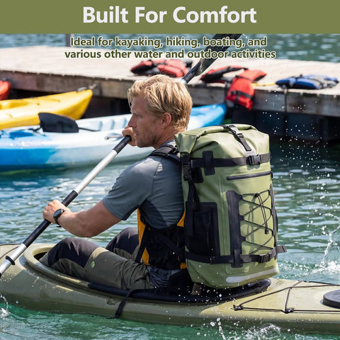 Person kayaking with 40L Waterproof Backpack Dry Bag For Hiking And Travel, on their back, showcasing its durability and utility.