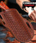 Close-up of red wood handle of Enterprise Handmade Fixed Blade Hunting Knife in leather sheath