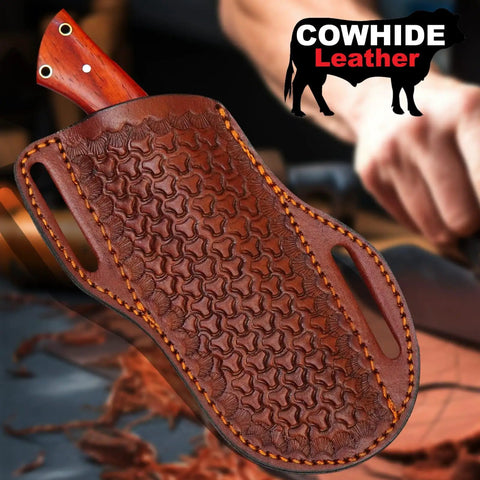 Close-up of red wood handle of Enterprise Handmade Fixed Blade Hunting Knife in leather sheath