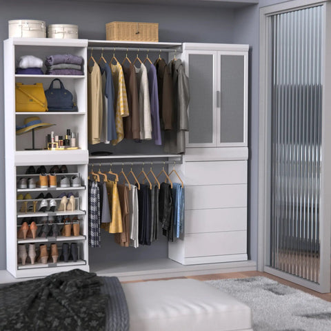 Slick White Modular Storage Organizer Kit With Adjustable Hanging Rods for shoes and clothes in a stylish closet.
