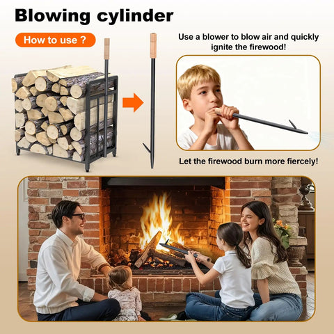 15.5 Inch Compact Metal Firewood Rack with Built-In Fire Blower for indoor fireplaces shown with family using blower