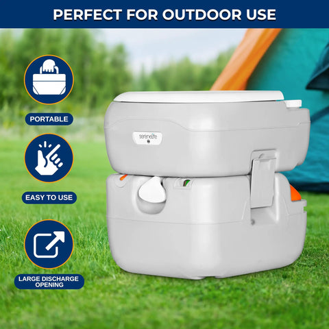 5.8 Gallon Portable Camp Toilet for Adults with detachable waste tank and level indicator in outdoor setting