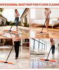 36 Inch Commercial Janitor Broom And Dust Mop Set Heavy Duty Workhorse With Telescopic Pole And Three Pack Cotton Pads in use on various floors.