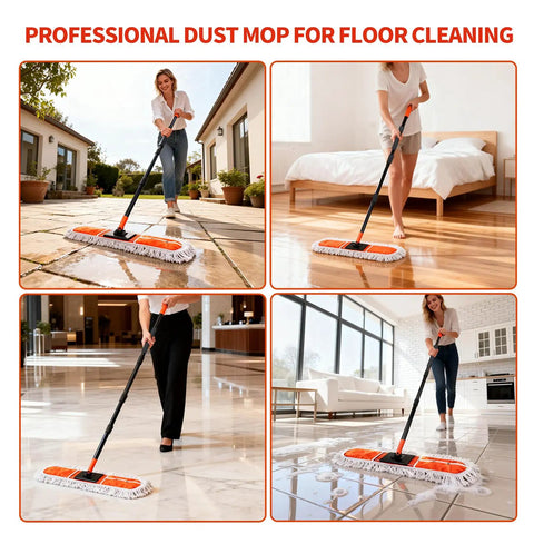 36 Inch Commercial Janitor Broom And Dust Mop Set Heavy Duty Workhorse With Telescopic Pole And Three Pack Cotton Pads in use on various floors.