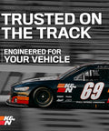 Race car on track promoting K&N, showcasing "Trusted on the Track" slogan, related to High Flow Engine Air Filter For BMW 2015 To 2024 Boosts Horsepower And Acceleration, Premium Washable Filter With Lifetime Durability, Rugged Build For Long Lasting Performance On Select Models.