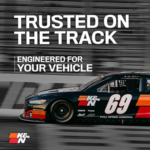 Race car on track promoting K&N, showcasing "Trusted on the Track" slogan, related to High Flow Engine Air Filter For BMW 2015 To 2024 Boosts Horsepower And Acceleration, Premium Washable Filter With Lifetime Durability, Rugged Build For Long Lasting Performance On Select Models.