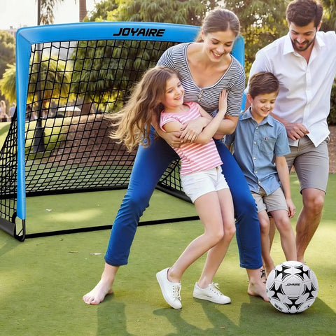 Backyard Pop Up Soccer Goals Set For Kids And Toddlers, Portable 4x3 Feet, dual goals, with a family playing soccer outdoors