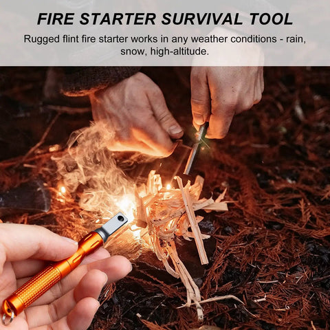 Hands using flint fire starter to ignite kindling outdoors, highlighting Survival Ready Bushcraft Hand Auger Wrench With Flint Scotch Eye Wood Drill Peg And Manual Hole Maker Multitool In Leather Case For Camping Brown Gear For Outdoorsmen Prepper Grade.