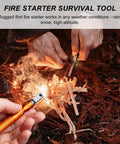 Person using flint fire starter with kindling, showcasing Bushcraft Hand Auger Wrench With Flint Scotch Eye Wood Drill Peg And Manual Hole Maker Multitool In Leather Case For Camping Survival Bushcraft And Outdoor Backpacking.
