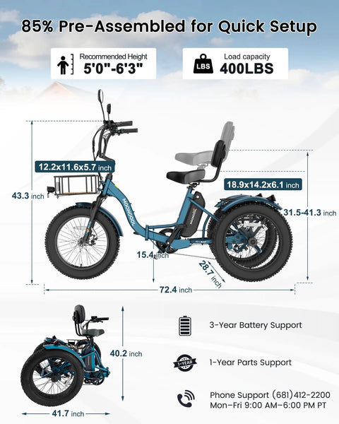 Adult Electric Trike With 20 Inch Fat Tires, 7 Speed Folding Tricycle, 500W Rear Hub Motor, Smooth Power And Stable Handling For Everyday Errands, Comfy Ride, Easy Fold Design For Convenient Storage in side and folded views