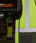 Rock Solid Class 2 High Visibility Safety Vest Featuring Hella Breathable Mesh Back And Sleek Black Front Zip Closure With Multiple Utility Pockets For Crews close-up showing reflective tape and breathable mesh in bright lime.