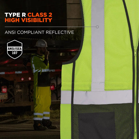 Rock Solid Class 2 High Visibility Safety Vest Featuring Hella Breathable Mesh Back And Sleek Black Front Zip Closure With Multiple Utility Pockets For Crews close-up showing reflective tape and breathable mesh in bright lime.