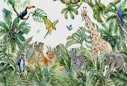 Safari Jungle Wall Mural For Kids Room In Watercolor Animals Style, Nursery Decor, Not Peel And Stick, Requires Paste