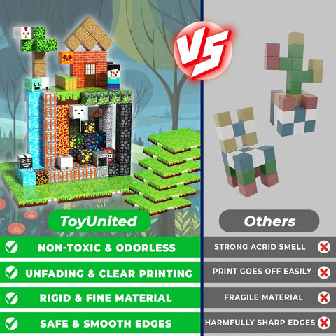 Comparison of Magnetic Building Blocks Set 200 Pieces with 6 Base Plates against other toys, highlighting material and safety features.