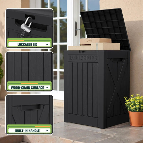 52 Gallon Outdoor Package Delivery Box with Lockable Lid, black resin construction, on porch with packages inside, weatherproof.
