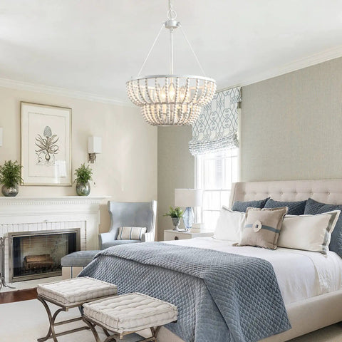 Bedroom with 5 Light Beaded Chandelier With Rustic White Wood Beads Farmhouse Boho Ceiling Light Fixture For Foyer