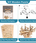 3D Wooden Sailboat Puzzle Kit For Adults, Vintage Watercraft Model To Build with packaging, instructions, and finished model