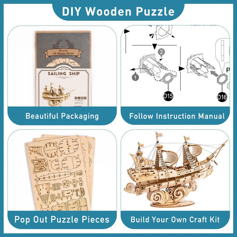 3D Wooden Sailboat Puzzle Kit For Adults, Vintage Watercraft Model To Build with packaging, instructions, and finished model