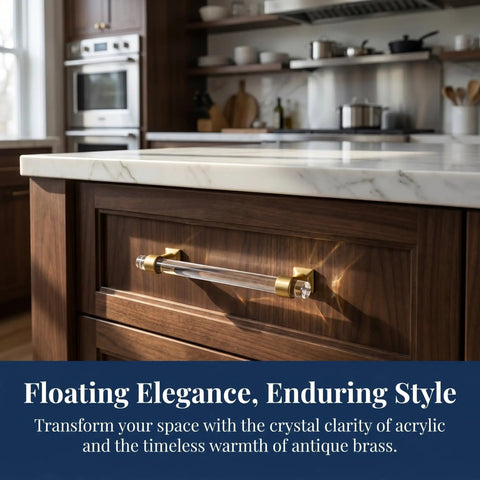 10 Pack Clear Acrylic Cabinet Pulls With Antique Brass Hardware 5 Inch Round Tube Drawer Handles on wooden kitchen drawer