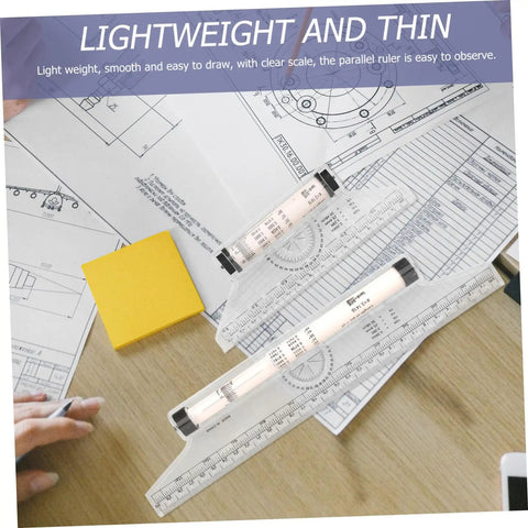 Badass Transparent Rolling Ruler And Drafting Kit For Slick Parallel Lines Precise Protractor Angles Smooth Arc Tracing Multi Function Layout Tool 2 Pack For Creators on drafting table.