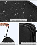 Travel Cable Organizer Pouch For Electronics Gear Accessories Carry Case Portable Waterproof Dual Layer All In One Storage Bag For Cords Chargers Phones Earbuds Black featuring water-resistant fabric, carrying strap, and durable zippers.