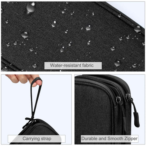 Travel Cable Organizer Pouch For Electronics Gear Accessories Carry Case Portable Waterproof Dual Layer All In One Storage Bag For Cords Chargers Phones Earbuds Black featuring water-resistant fabric, carrying strap, and durable zippers.