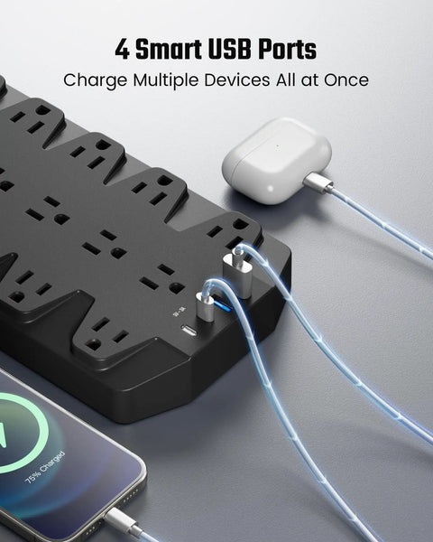 Heavy Duty Surge Protector Power Strip With 18 AC Outlets And 4 USB Ports 2 USB A 2 USB C 1875W 15A 2100J 6.5ft Flat Plug Wall Mount Holes Space Saving Extension Cord For Home Office Gaming Room Dorm, black