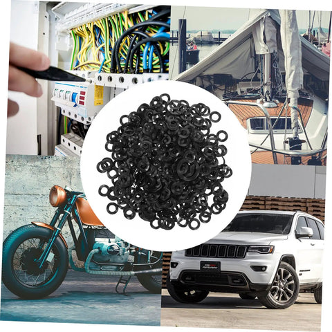 Spring Wave Washer Gasket Assortment Kit 500 Steel Wave Washers for Automotive and Home Use Replacements in Tight Spaces Heavy Duty Thrust Load Washers for Conventional Springs Durable Easy To Install Set, black steel washers piled in center