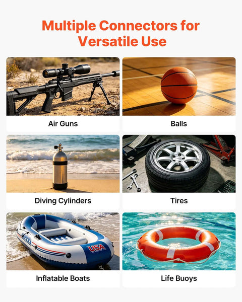 Multiple connectors for versatile use with 4-Stage High-Pressure PCP Hand Pump For Air Rifles, Paintball, And Tires, 5800 PSI