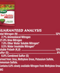 Scotts Turf Builder Fall Lawn Food guaranteed analysis showing nitrogen, potash, and sulfur percentages for fall lawn care.