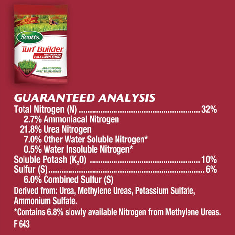Scotts Turf Builder Fall Lawn Food guaranteed analysis showing nitrogen, potash, and sulfur percentages for fall lawn care.