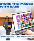 All In One Thermal Imaging Camera For Pros And DIYers With 320 By 240 Screen and a laptop showing thermal images for storage