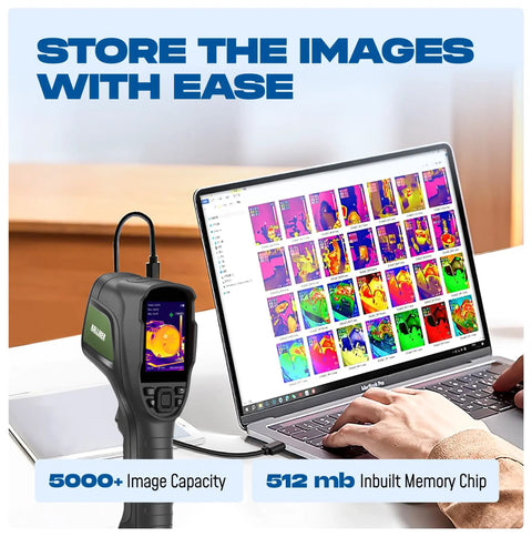 All In One Thermal Imaging Camera For Pros And DIYers With 320 By 240 Screen and a laptop showing thermal images for storage