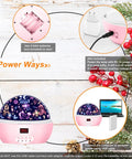 Star Light Rotating Projector For Kiddo Crew, Moon And Stars Night Light With 4 LED Bulbs, 4 Modes, showing three power options.