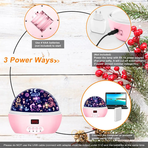 Star Light Rotating Projector For Kiddo Crew, Moon And Stars Night Light With 4 LED Bulbs, 4 Modes, showing three power options.